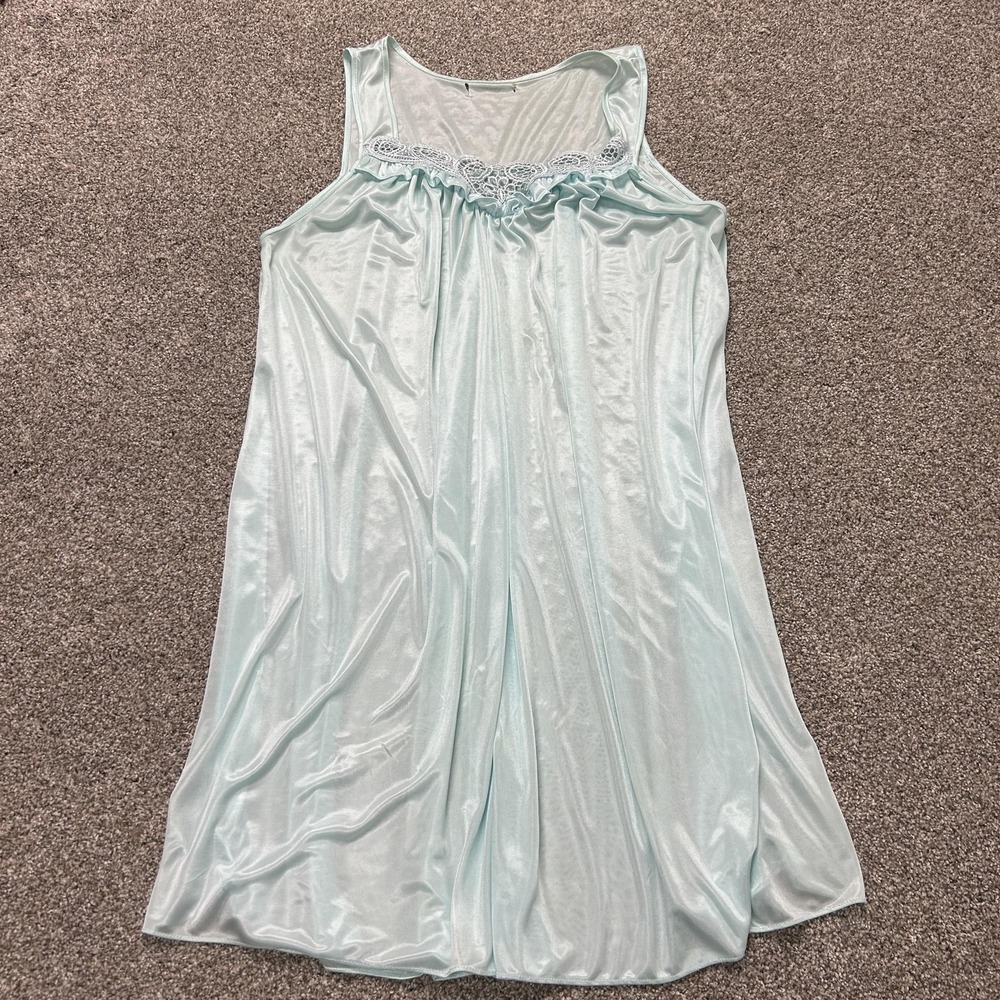 Vintage Satin Gown Womens Large Blue Scoop Neck Embroidered Ruffle Chemise
